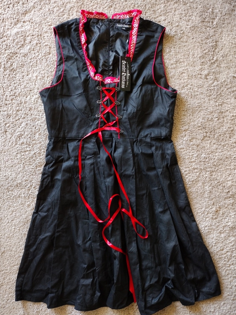 Scarlet Darkness Gothic Black Dress with Red Trim and Lace-Up Front